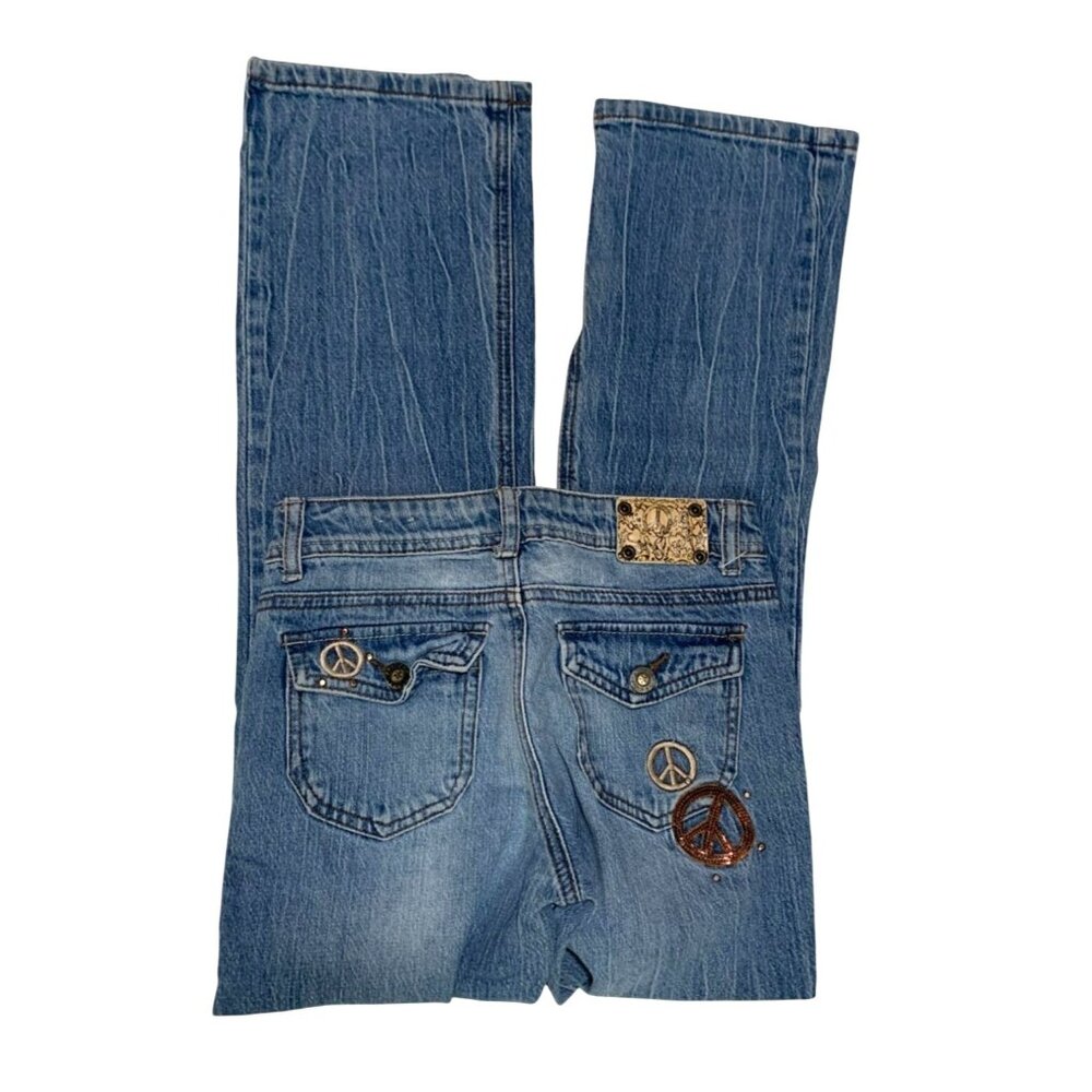 Arizona Jean Vintage y2k Girls Size 14 Flap Back Jeans Peace Sign Embellished Fl